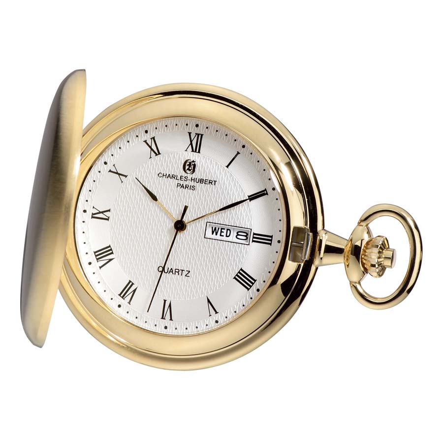 The Charles Hubert Pocket Watch - Full Hunter Quartz - 3974-G by Charles Hubert features a gold case, white dial with black Roman numerals, day/date window, and a loop for attaching a chain.