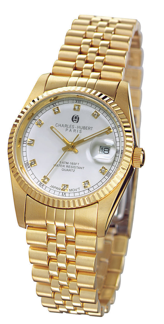 The Charles Hubert 4016-GW watch features a gold case, white dial, gold hour markers, diamond accents, date display, and a gold metal link band. The watch is angled to highlight both its face and bracelet.