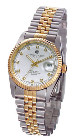 The Charles Hubert Watch - 4016-W features a two-tone silver and gold link band, white dial, gold hour markers, date display, and Charles Hubert branding on the face.