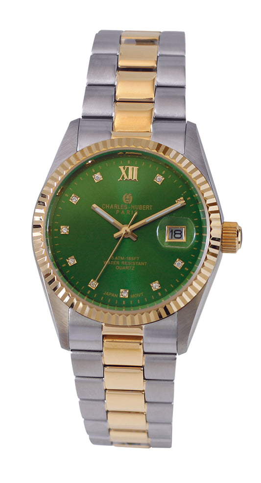 The Charles Hubert Watch - Premium Collection - 4036-T features a green face, gold hour markers, a date window at 3 o’clock, gold-toned bezel and crown, silver and gold band, and reliable Japanese Quartz Movement.