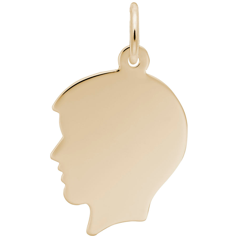 The Rembrandt Charm - Boys Head - 4429GP by Rembrandt is a gold-plated charm shaped like a boy’s side profile, with a smooth polished finish and a small loop at the top for easy attachment to a chain.