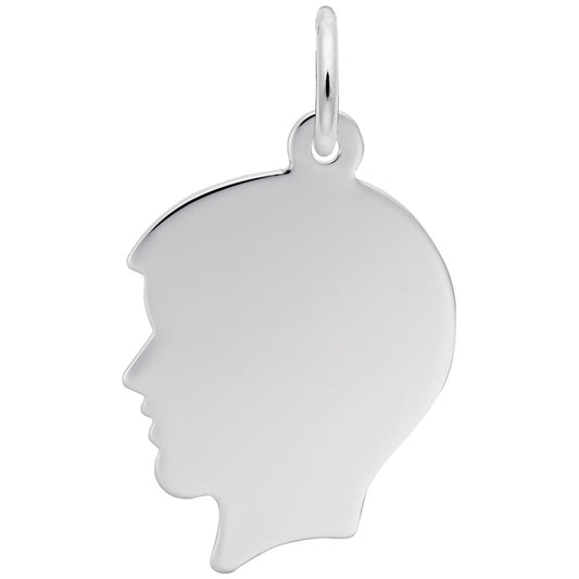 The Rembrandt Charms Boy Head Charm (4429SS) features a sterling silver side-profile of a boy’s head with smooth edges and a top loop for attaching to a chain—an elegant piece by Rembrandt.