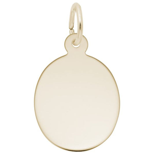 The Rembrandt Charms Oval Disc Charm (4770GP) by Rembrandt features a plain, gold-plated oval design with a small loop for easy attachment, ideal for creating custom jewelry with personalized engravings.
