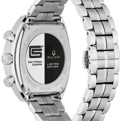 The back of this silver Bulova Watch - SHELBY® Racer Chronograph - 96K118 features engraved details—water resistance, sapphire crystal, and its unique serial number out of 500.