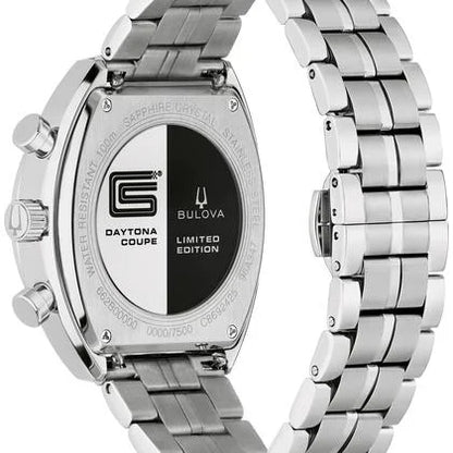 The back of this silver Bulova Watch - SHELBY® Racer Chronograph - 96K118 features engraved details—water resistance, sapphire crystal, and its unique serial number out of 500.