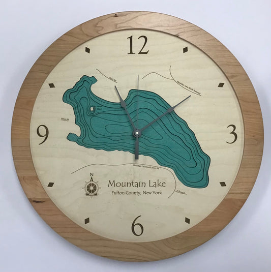 The Lake Art "Lake Clock - Mountain Lake - Custom Wooden Lake Clock - New York" features a map of Mountain Lake with contour lines, a compass rose, and black hour markers and hands.