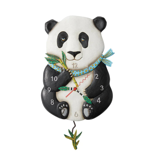 The Allen Designs Clock - Snuggles The Panda Wall Clock by Enesco features a playful panda with a blue polka-dot scarf, bamboo pendulum, and clock face in its belly—a charming addition to any space.