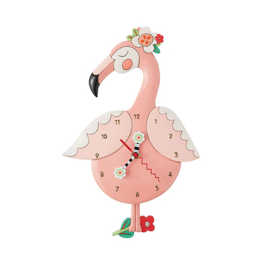 The Enesco Allen Designs Pinky Clock (6016853) is a whimsical flamingo wall clock with floral accents, featuring a clock face in its body and a swinging green leaf and red flower pendulum—ideal for tropical-themed decor.