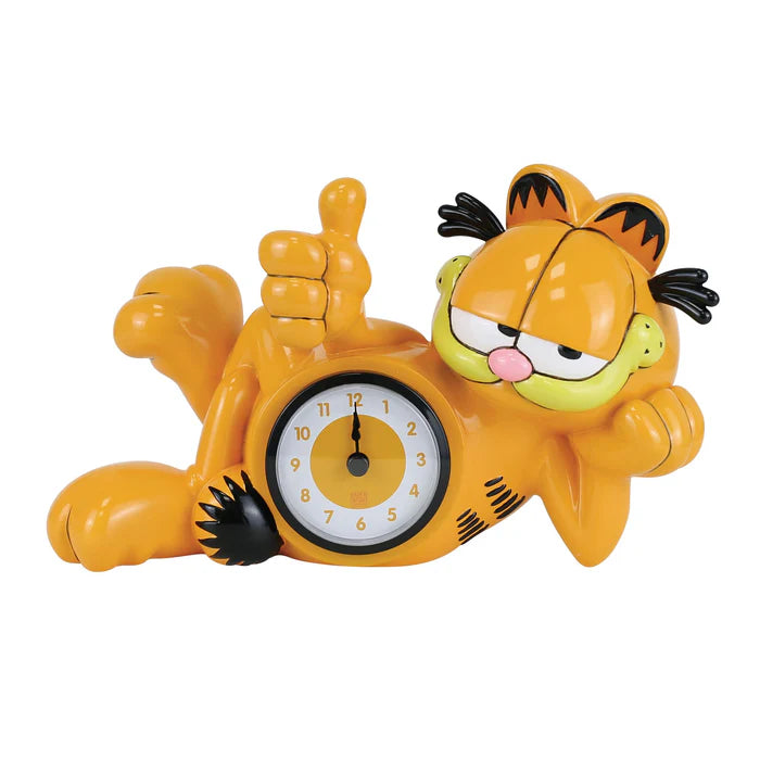 Bring playful charm to your space with the Enesco Allen Designs Clock - Garfield Desk Clock (6017342). Styled as the classic cartoon cat, this whimsical clock features Garfield lying on his side with one hand behind his head and the other giving a thumbs up, while the clock face is set into his belly—making it an ideal desk accessory for any Garfield fan.