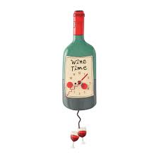 The Enesco Allen Designs Clock - Time For Wine Clock (6018757) is a whimsical wine bottle-shaped clock with "Wine Time" on the face, a corkscrew pendulum, and two hanging red wine glass accents—ideal for any wine lover's décor.