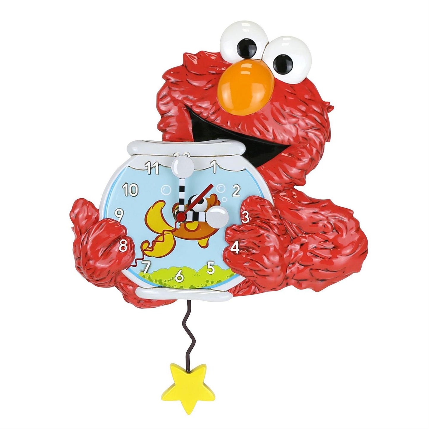 The Enesco Allen Designs Clocks - Elmo Wall Clock (6019427) is a charming, Sesame Street-inspired timepiece featuring Elmo holding a round clock face with a fish inside and a swinging yellow star pendulum—an ideal choice for playful décor and fans of Allen Designs clocks.