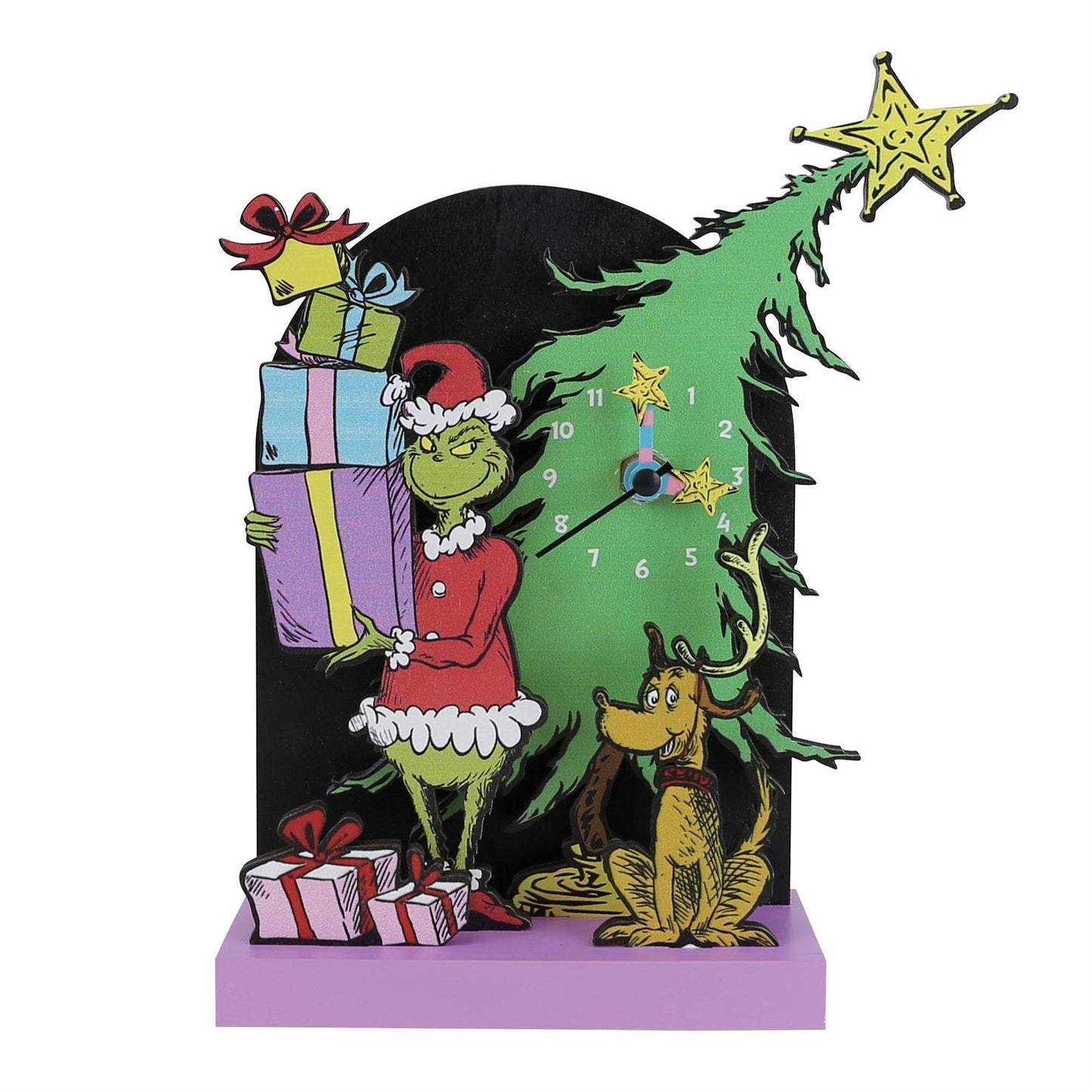 The Enesco Allen Designs Clock - The Grinch Desk Clock (6019433) showcases a vibrant purple base with a festive scene featuring the Grinch in a Santa outfit holding gifts, Max the dog sporting antlers, and a decorated Christmas tree topped with a star.