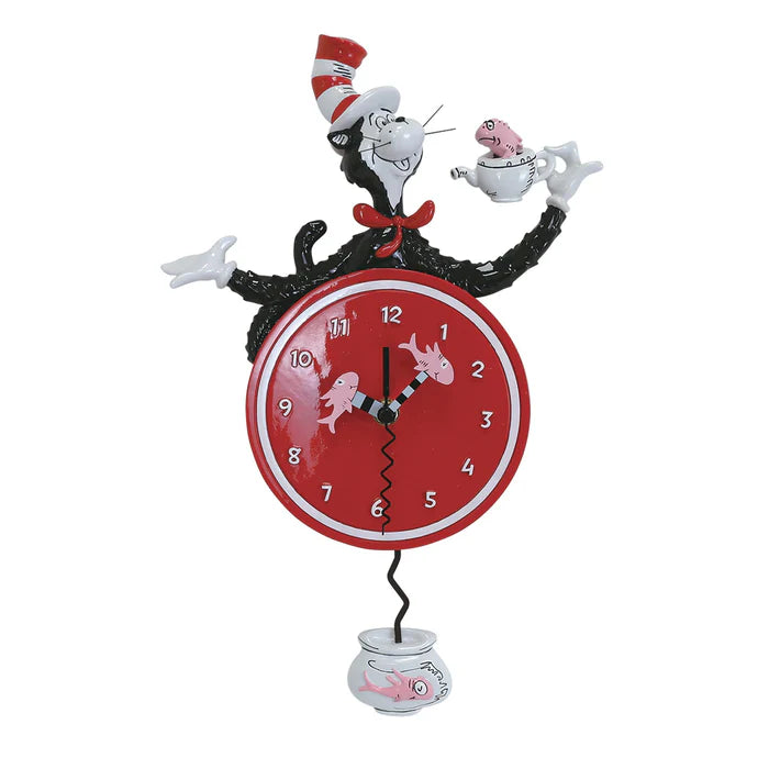 Add a touch of Seussian charm to your home with the Allen Designs Clock - Cat In The Hat Clock - 6019436 by Enesco. Inspired by Dr. Seuss, this whimsical clock features the iconic Cat in the Hat holding a teacup, a vibrant red clock face accented with playful fish-shaped hands, and a delightful fish bowl pendulum—making it the perfect piece for fans who want to brighten any space with imaginative decor flair.