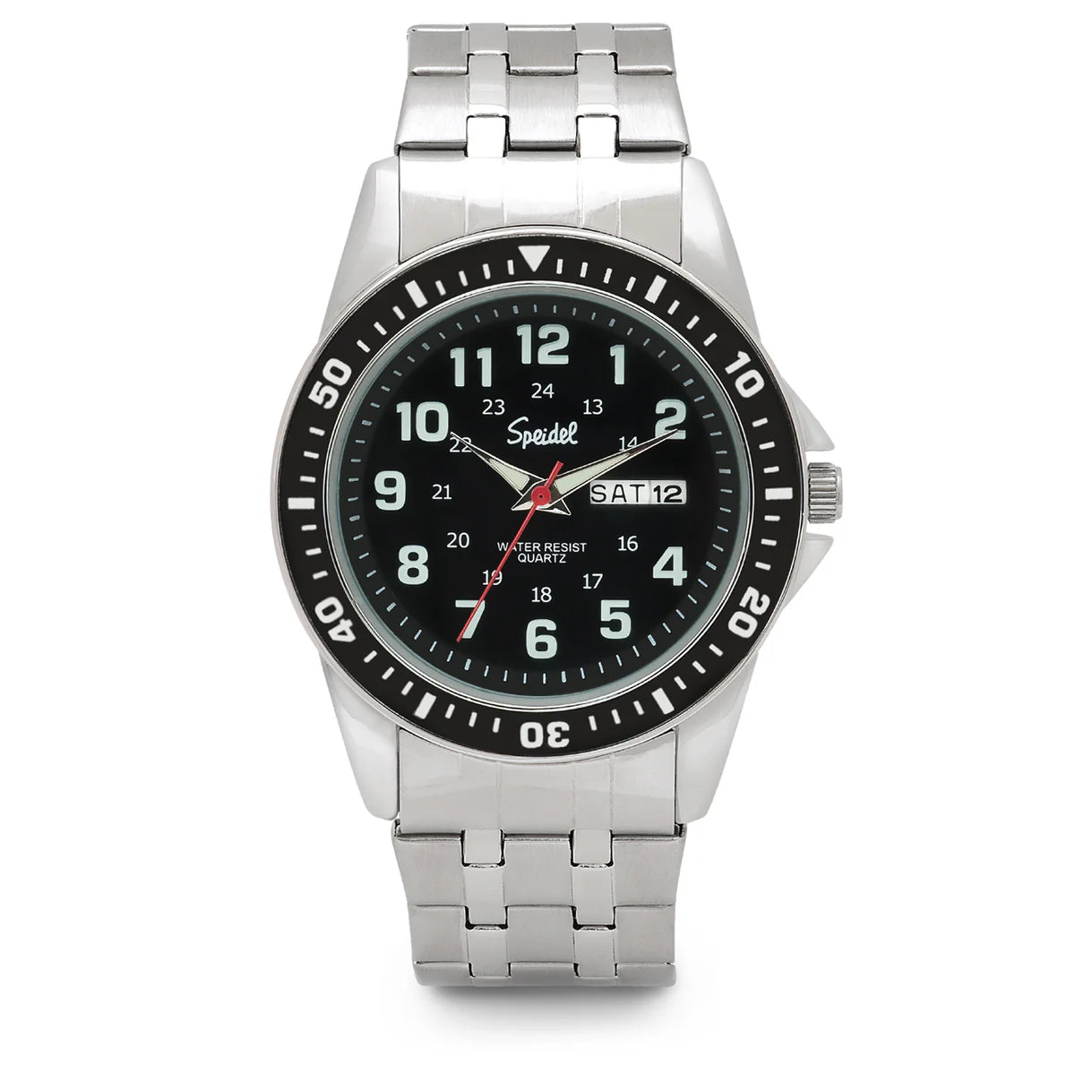 The Speidel Diver Watch (60330700) features a silver-tone case, black face with white numerals, metal band, quartz movement, and displays time, day ("SAT"), and date ("12") in a right-side window.
