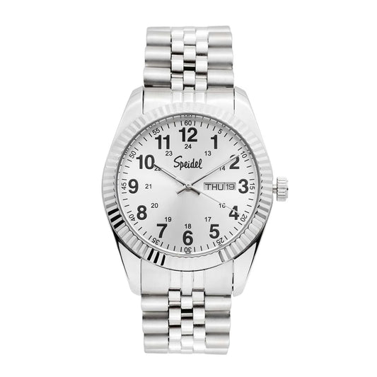 The Speidel Watch - Classic - 603330000 features a silver metal link band, white face with black Arabic numerals, day-date display (THU 19) on the right, three hands, and a ridged bezel. Brand: Speidel.