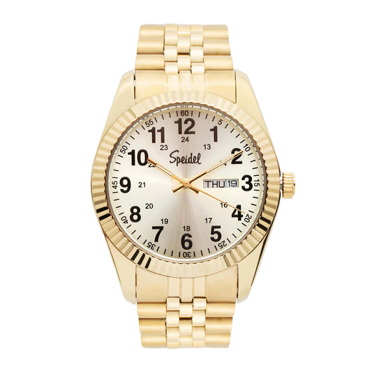 The Speidel Watch - Classic - 603330010 features a gold metal link band, round face with black Arabic numerals, day/date display (THU 19), and shows the time as 3:22:11. Brand: Speidel.