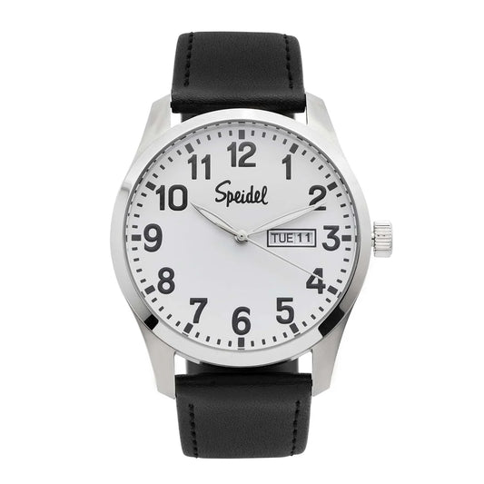 The Speidel Watch - Essentials - 603372000 by Speidel features a white face, black numerals and hands, a day-date window on the right, and a classic black leather strap for timeless style.