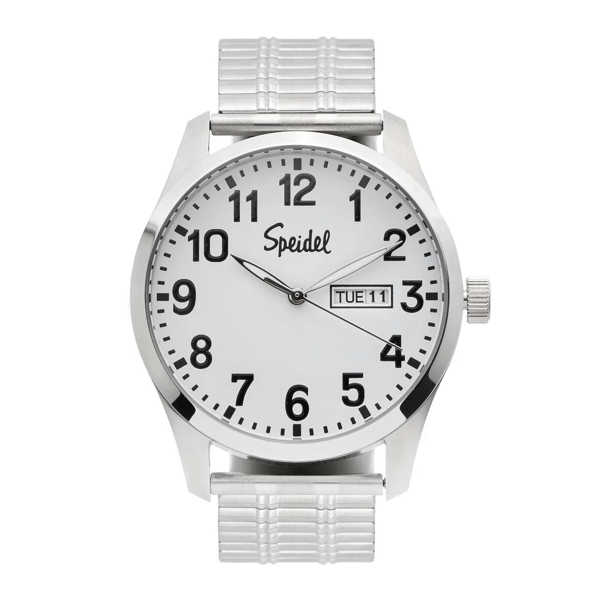 The Speidel Watch - Classic - 603392000 by Speidel features a silver metal band, white face with black Arabic numerals, day-date window (TUE 11), single crown on the right, and is water resistant for everyday wear.