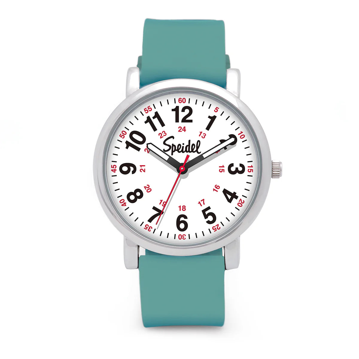 The Speidel Watch - Original Scrub Watch (60340004) features a teal water-resistant silicone band, silver case, white dial with black hour numerals, red 24-hour numerals, black hands, red second hand, and the Speidel logo.