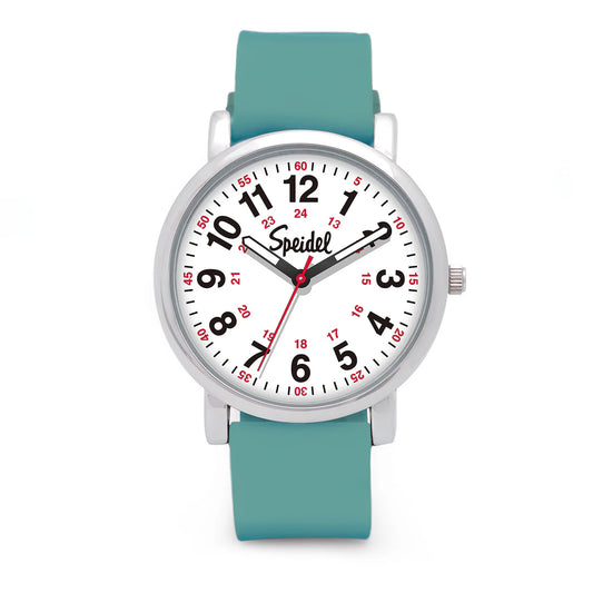 The Speidel Watch - Original Scrub Watch (60340004) features a teal water-resistant silicone band, silver case, white dial with black hour numerals, red 24-hour numerals, black hands, red second hand, and the Speidel logo.