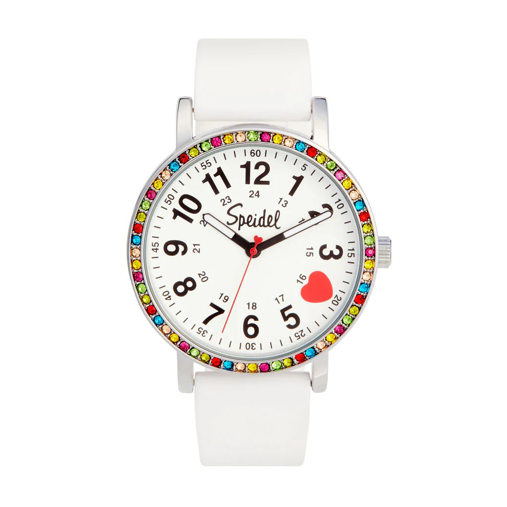 The Speidel Watch - Original Scrub Watch (60346106) features a water-resistant silicone band, round face, multi-colored crystal bezel, black numerals, red second hand, and the “Speidel” brand name for a vibrant yet practical look.