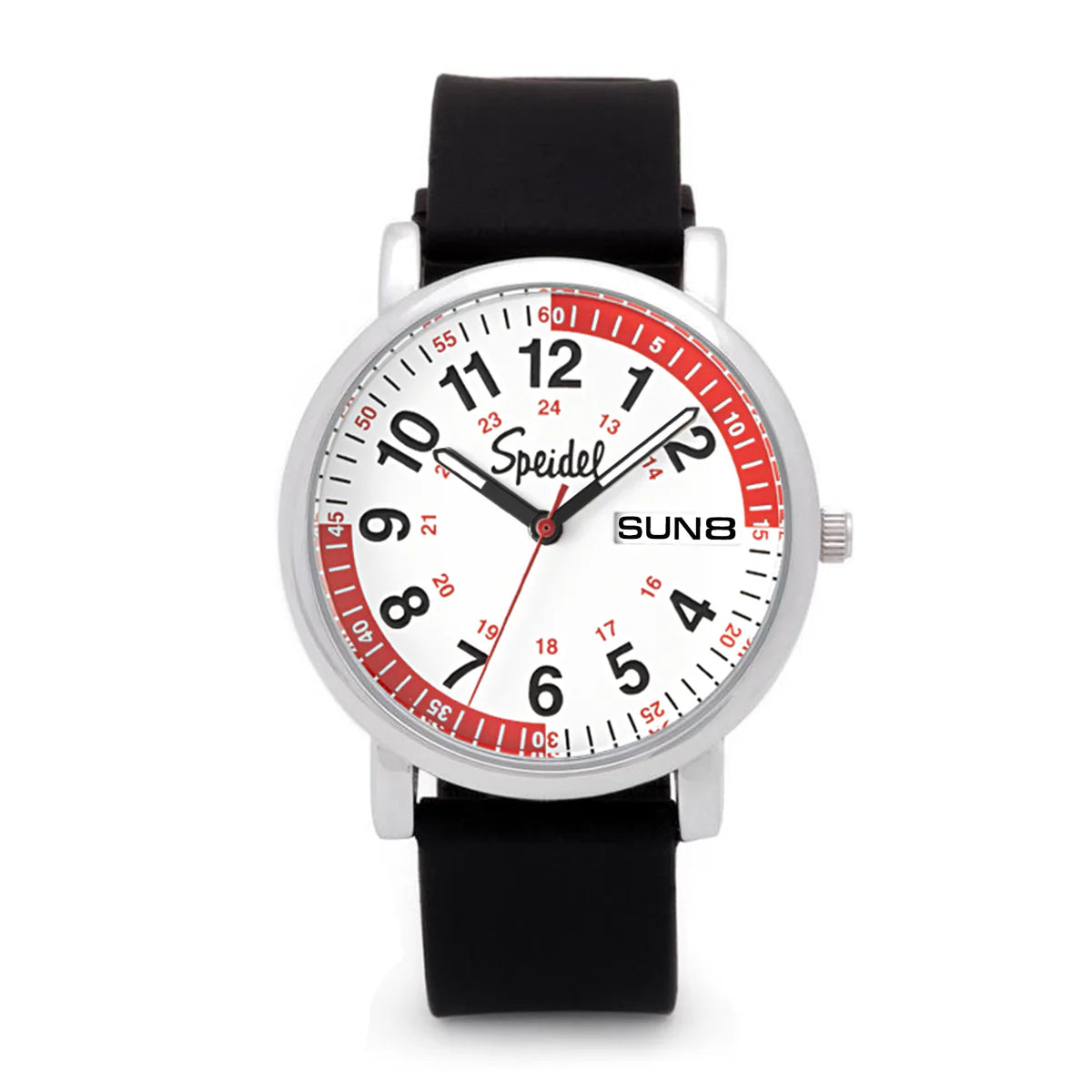 The Speidel Scrub Pulsometer Watch (60630007) features a round white face with red and black numbers, a black band, three hands, 12/24-hour time display, and a date window showing SUN 8 on the right.