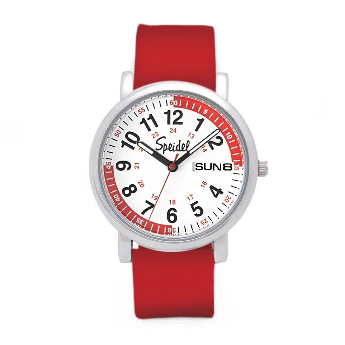 The Speidel Scrub Pulsometer Watch (60630015) features a red water-resistant silicone band, white face with black 1–12 and red 13–24 numbers, three hands, plus a digital day-date display reading SUN 8.