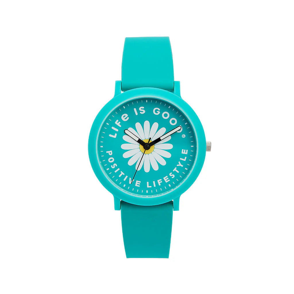 The Speidel Watch - Life is Good - Positive Lifestyle Daisy (60930001) features a turquoise strap, a daisy design on the face, and “Positive Lifestyle” around the dial, adding cheerful charm and modern style to any outfit.