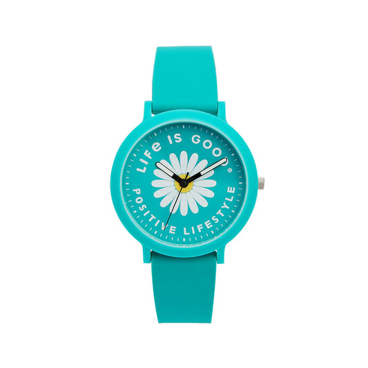 The Speidel Watch - Life is Good - Positive Lifestyle Daisy (60930001) features a turquoise strap, a daisy design on the face, and “Positive Lifestyle” around the dial, adding cheerful charm and modern style to any outfit.