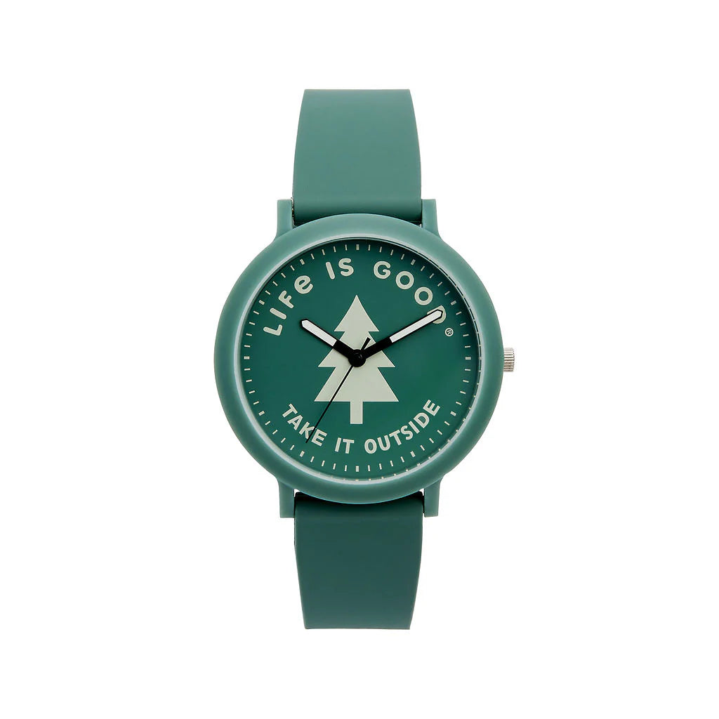 The Speidel Watch - Life is Good - Take It Outside Tree (60930004) features a green matte silicone strap, pine tree design, and the words “LIFE IS GOOD®” and “TAKE IT OUTSIDE”—ideal for nature lovers.