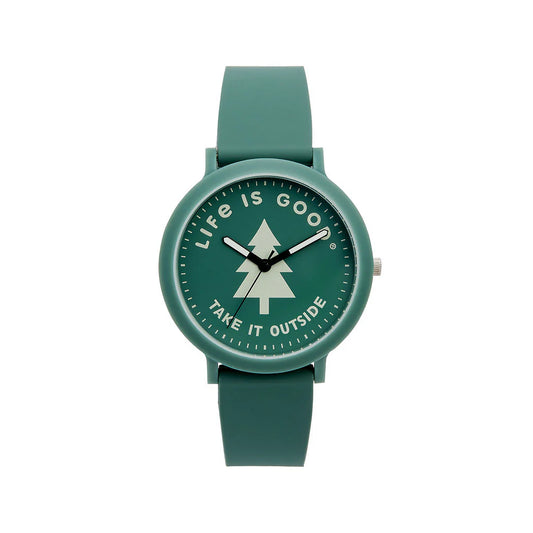 The Speidel Watch - Life is Good - Take It Outside Tree (60930004) features a green matte silicone strap, pine tree design, and the words “LIFE IS GOOD®” and “TAKE IT OUTSIDE”—ideal for nature lovers.