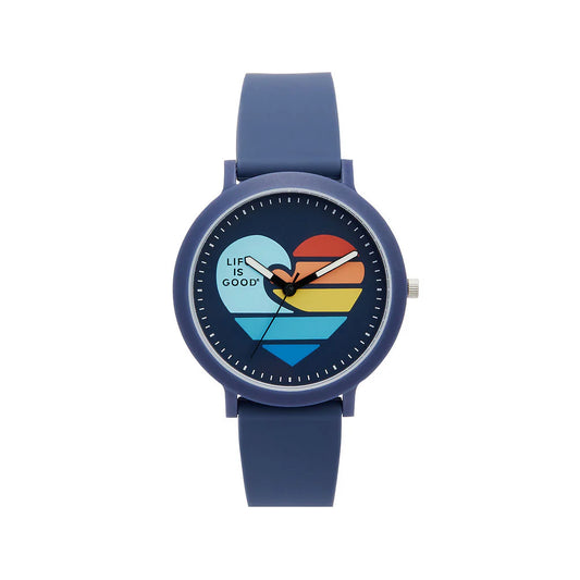 The Speidel Watch - Life is Good - Wave Heart (60930006) features a blue round face with a heart-shaped rainbow, "Life is Good" on the dial, three hands, and a comfortable silicone strap for a simple, modern look.