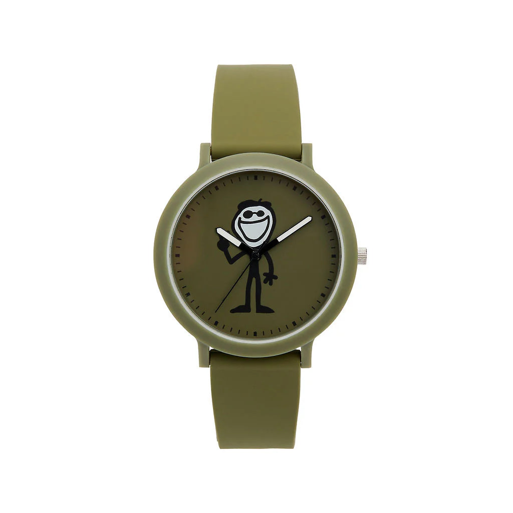 The Speidel Watch - Life is Good - Jake Peace Sign (60930011) features a minimalist olive green design with a cartoon stick figure whose arms act as hands, plus a matching olive green silicone strap. Brand: Speidel.