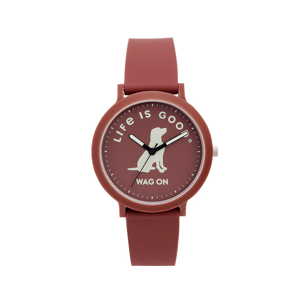 The Speidel Watch - Life is Good - Wag on Lab (60930013) features a reddish-brown silicone strap, matching face, dog illustration, "Life is Good" and "Wag On" text—perfect for dog lovers.