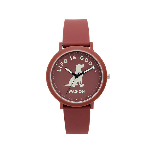 The Speidel Watch - Life is Good - Wag on Lab (60930013) features a reddish-brown silicone strap, matching face, dog illustration, "Life is Good" and "Wag On" text—perfect for dog lovers.