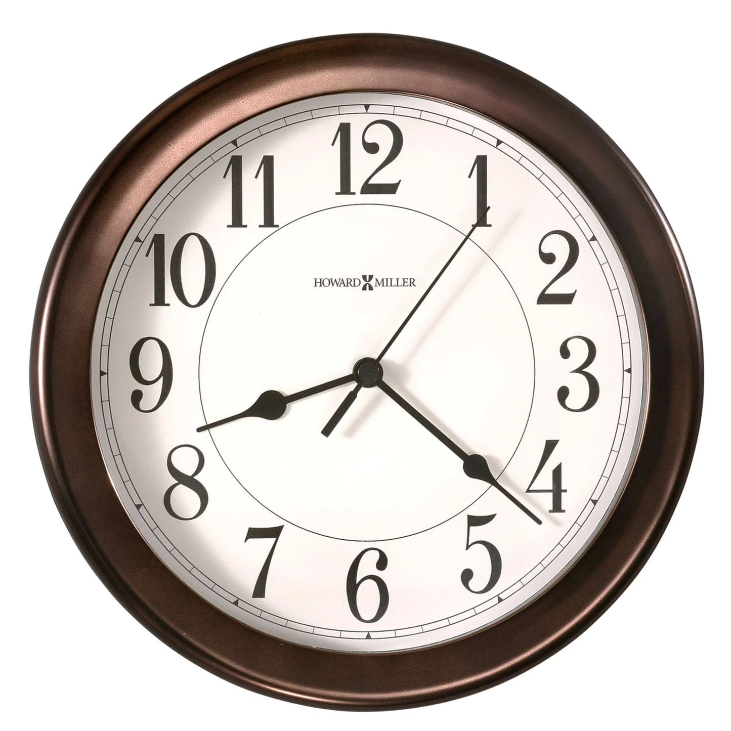 The Howard Miller Virgo Wall Clock (625-381) features a white face, black numbers, oil-rubbed bronze frame, quartz movement, and the Howard Miller logo at the center. The clock displays the time 8:22:05.