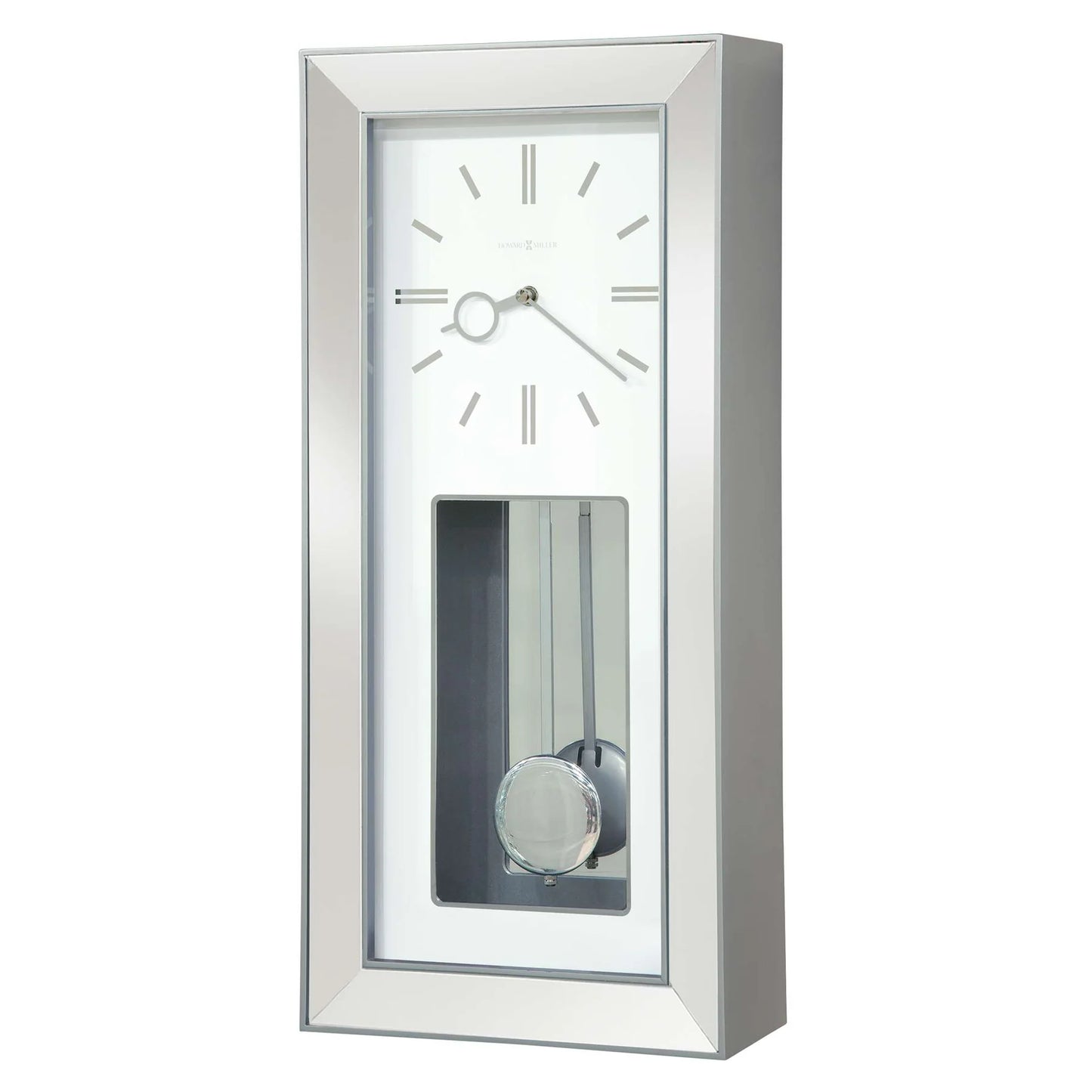 The Howard Miller Chaz Wall Clock (625-614) features a rectangular silver frame, minimalist white face, simple hour markers, silver hands, and a visible swinging pendulum behind a sleek glass-fronted case.