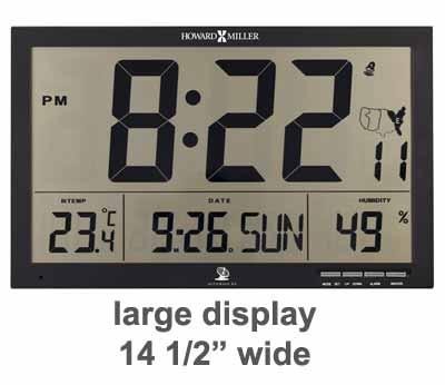 The Howard Miller Ayden Digital Clock (625-770) features a large 14.5″ display showing time, temperature, date, and humidity. This radio-controlled alarm clock by Howard Miller is perfect for clear, easy viewing.