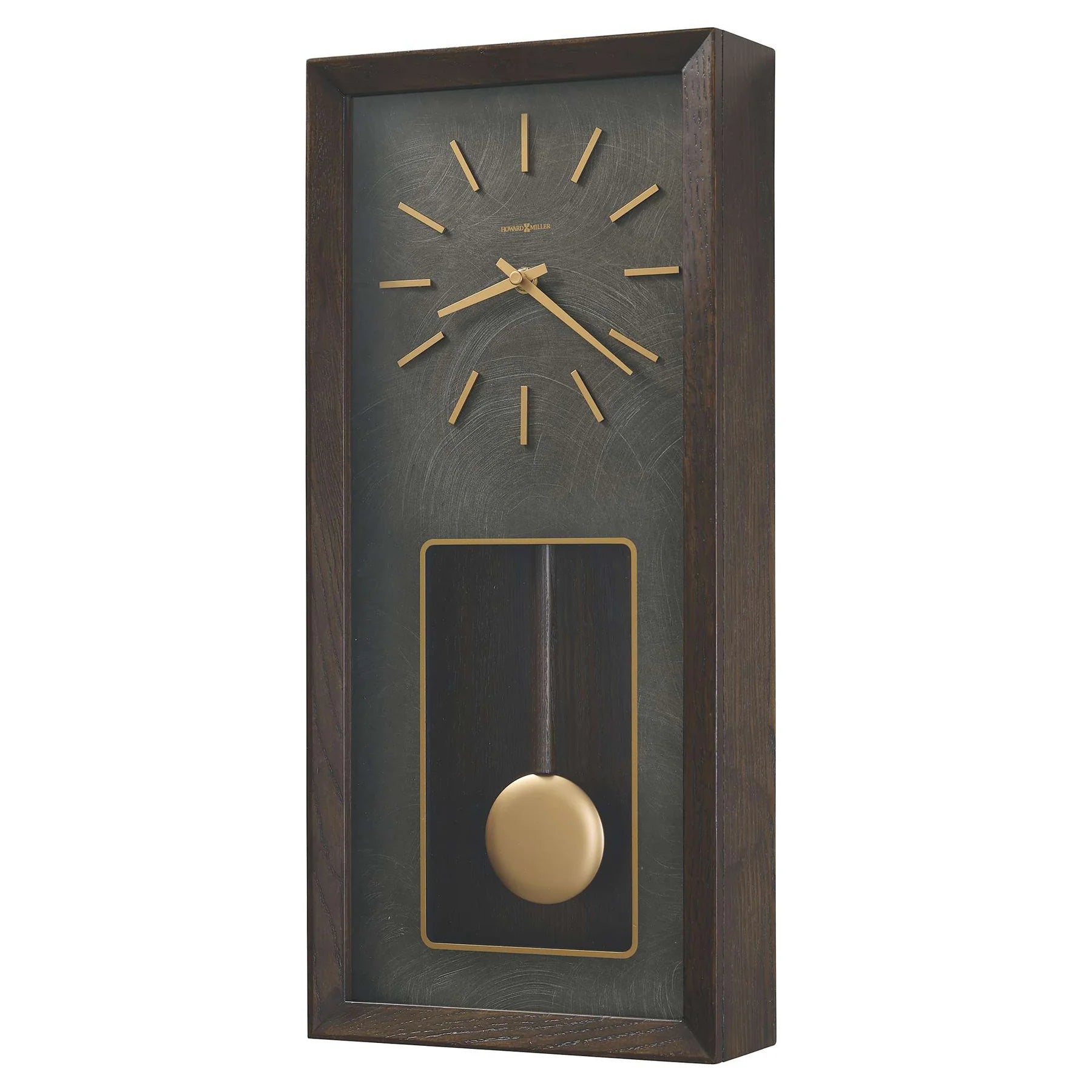 The Howard Miller Tegan 625-779 is a rectangular wall clock with a dark wood frame, gold hands, hour markers, and pendulum. This modern, elegant Howard Miller clock brings timeless style to any room.