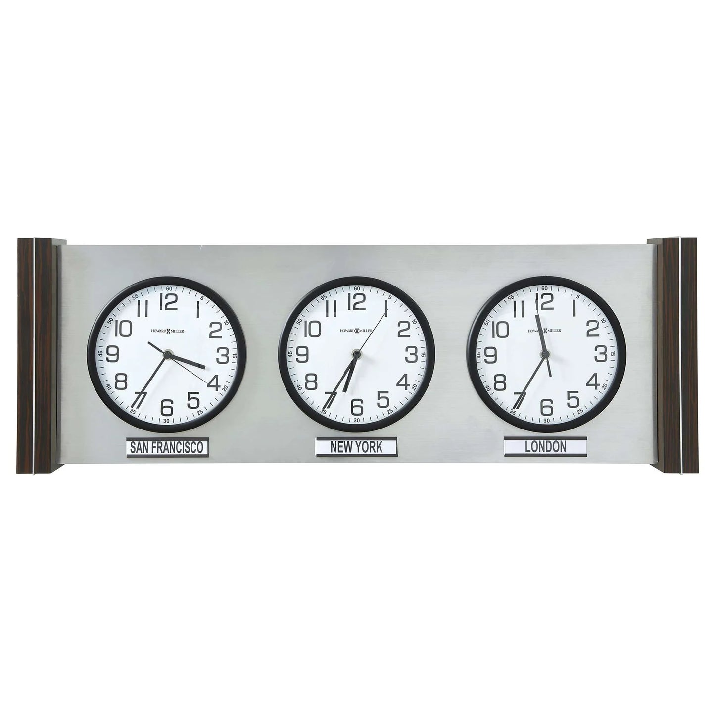 The Howard Miller Sienna Wall Clock (625-811) by Howard Miller features three round clocks with white faces and black hands labeled San Francisco, New York, and London—a stylish world-time display for your space.