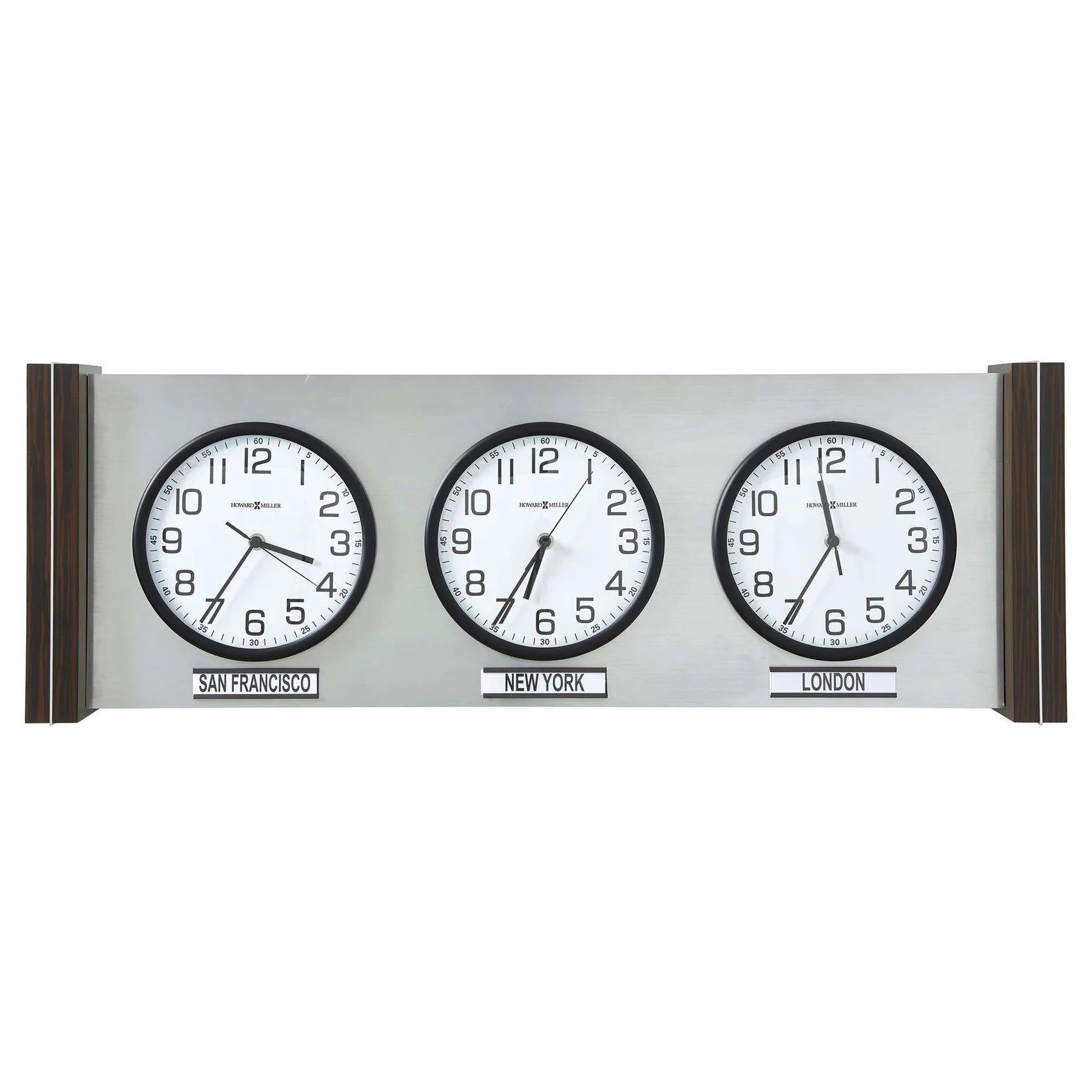 The Howard Miller Sienna Wall Clock (625-811) by Howard Miller features three round clocks with white faces and black hands labeled San Francisco, New York, and London—a stylish world-time display for your space.