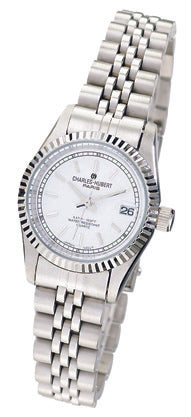 The Charles Hubert Watch - 6635-WW features a silver metal link band, white dial with date at 3 o'clock, fluted bezel, and classic hour, minute, and second hands. The Charles Hubert brand name is displayed on the face.