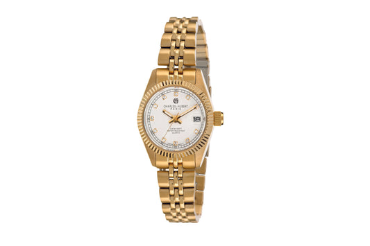 The Charles Hubert Watch - 7016-GW features a gold metal link band, white face with diamond hour markers, date window at 3 o’clock, and the Charles Hubert logo.