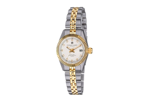 The Charles Hubert Watch - 7016-W features a silver and gold metal band, round white face, gold bezel, gold hour markers, and a date window at 3 o’clock.