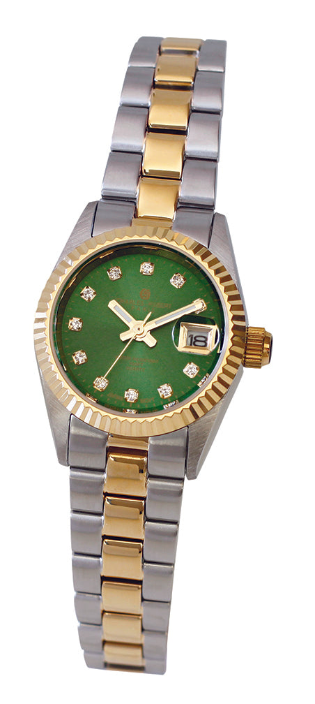 The Charles Hubert Watch - Premium Collection - 7036-T features a green face, gold hour markers, diamond-like accents, a date window at 3 o’clock, and a stainless steel and gold metal link bracelet.