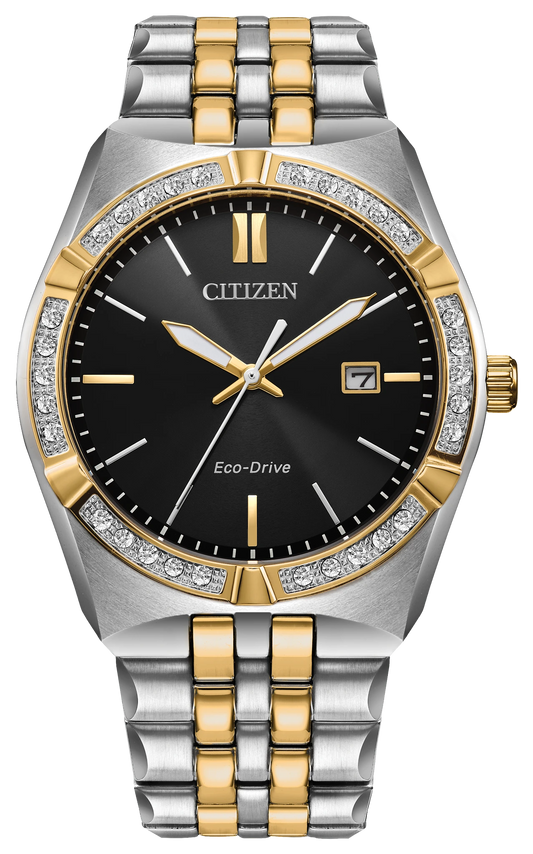 The Citizen Corso Diamond BM7644-51E men’s watch features a black dial, two-tone gold & silver stainless steel band, gold accents, date at 3 o’clock, and a diamond-set bezel with sparkling hour markers.