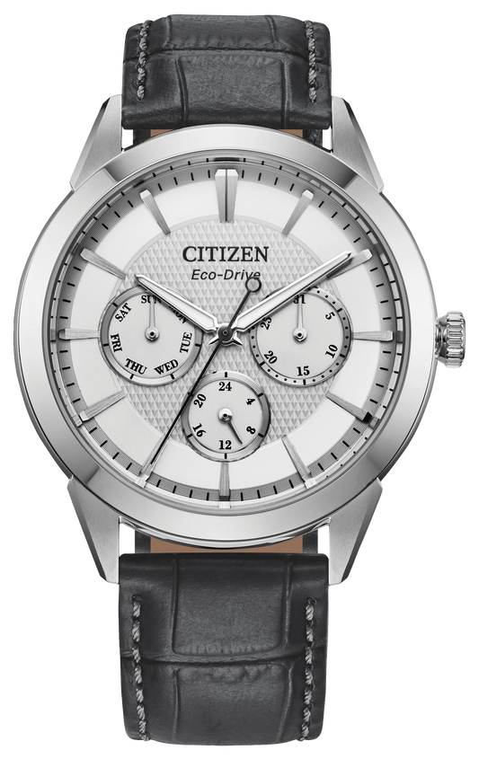 The Citizen Watch - Rolan (BU2110-01A) by Citizen features a silver stainless steel case, white dial with three subdials and silver indices, plus a black leather strap with white stitching for a classic look.