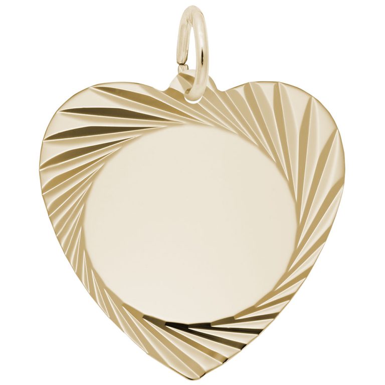 The Rembrandt Charms Large Diamond Faceted Heart (7911GP) features a gold, heart-shaped pendant with engraved radiating lines, a smooth center, and a top loop for hanging, all finished in elegant gold by Rembrandt.