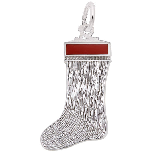 The Rembrandt Charms Christmas Stocking (8126SS) by Rembrandt features sterling silver, a textured surface, red enamel band at the top, and a loop for attaching to a bracelet or necklace.