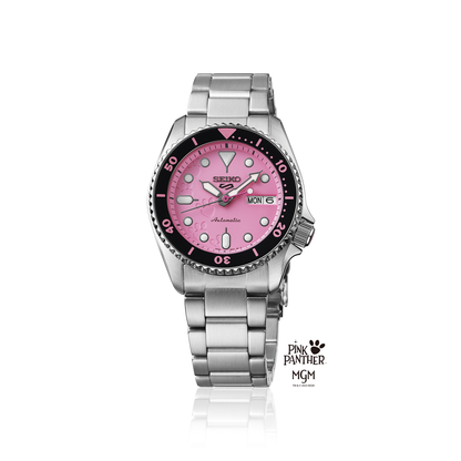 The Seiko 5 Pink Panther Limited Edition (SRPM07) wristwatch features a pink dial, black and pink bezel, silver hour markers, and the MGM logos, displayed upright with a metal bracelet. Brand: Seiko.